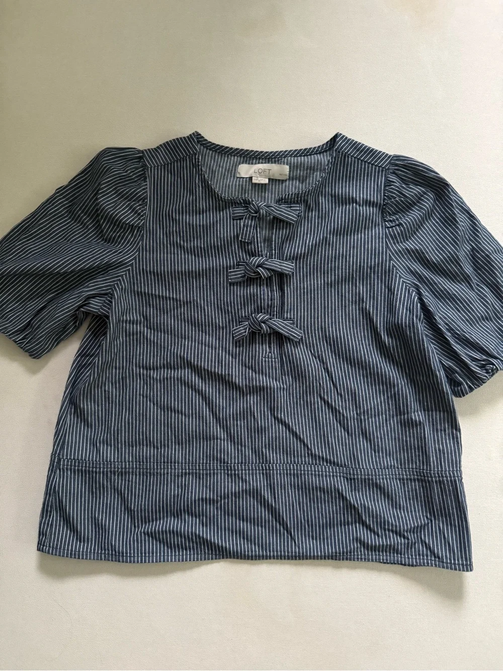 NWOT LOFT Navy and White Striped Tie-Front Puff Sleeve Top